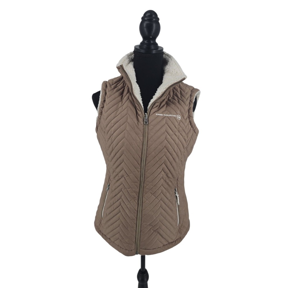 Free Country Quilted Vest Womens Small Cream Tan Sherpa Revesible
